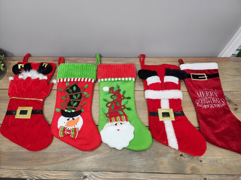 Lot of 5 Whimsical Christmas stockings Santa Upside Down Snowman